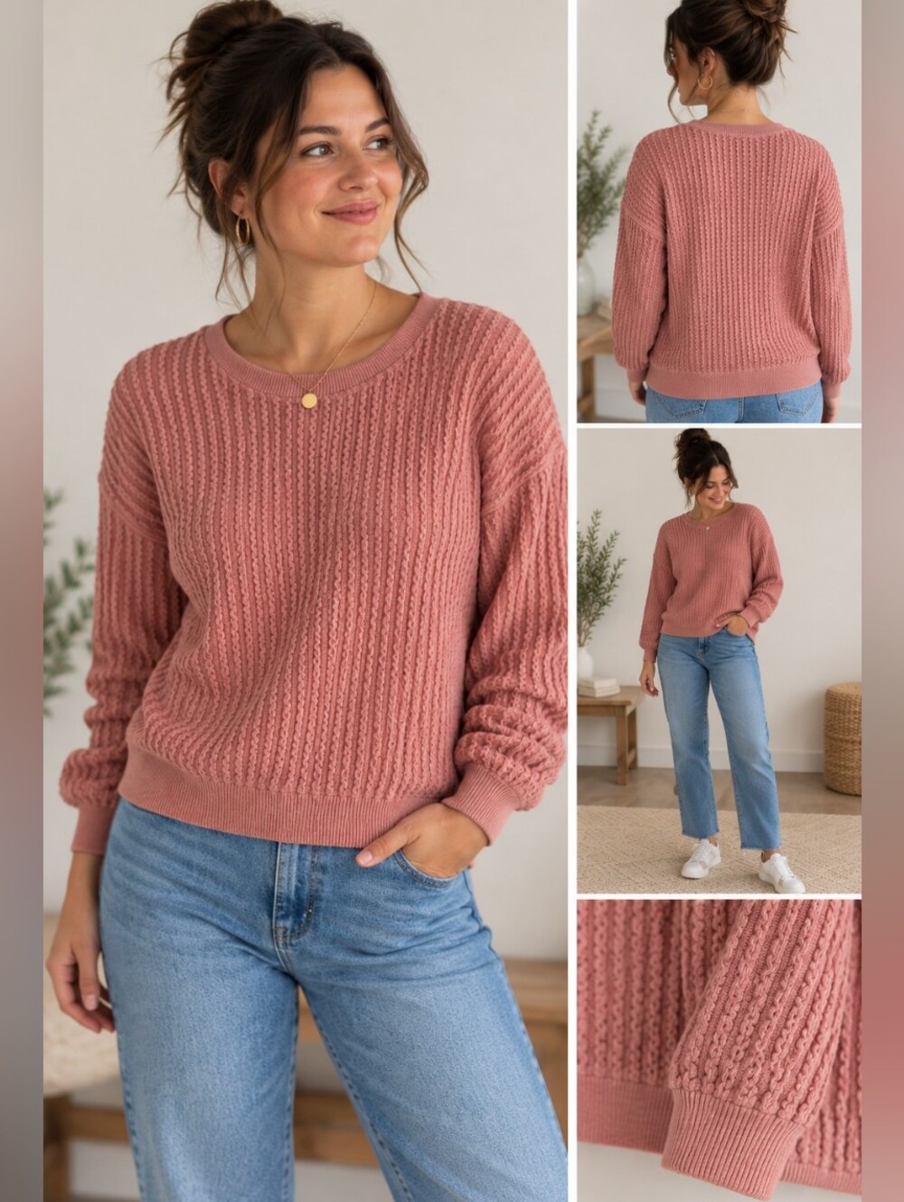 T&S by Thread and Supply women’s dusty pink textured long sleeve crewneck, SMALL